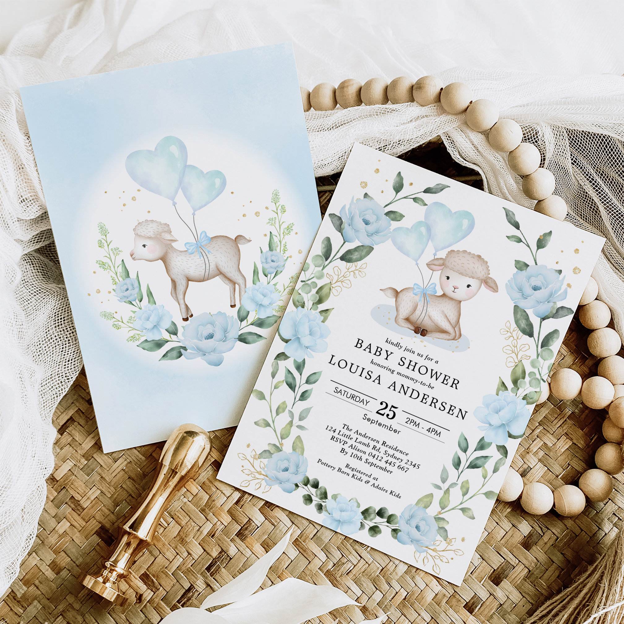 Blue Floral Eucalyptus Lamb Baby Sheep Boy Shower Invitation