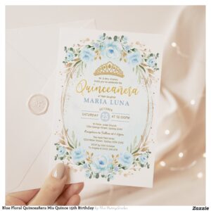 Blue Floral Quincea?era Mis Quince 15th Birthday Invitation