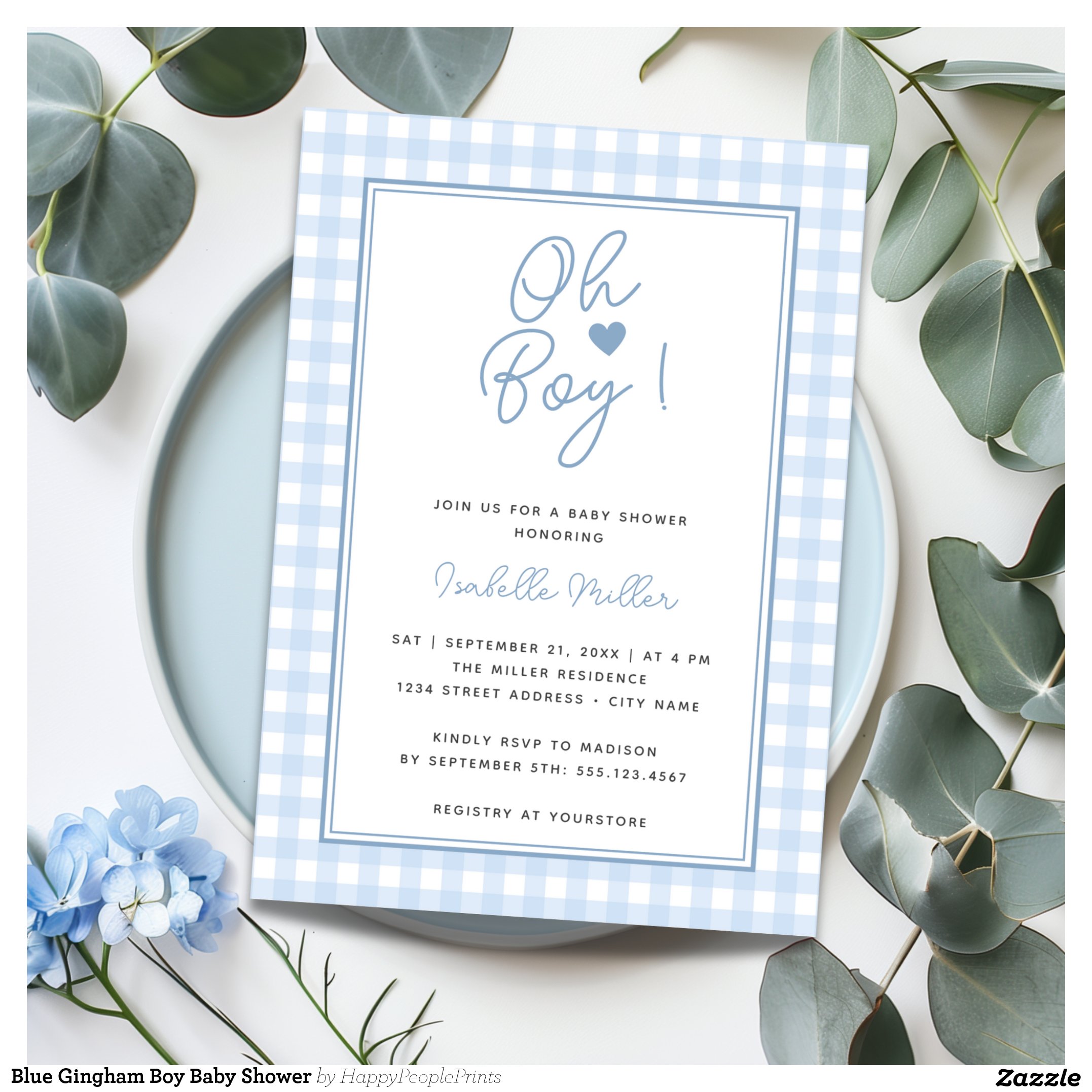 Blue Gingham Boy Baby Shower Invitation