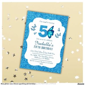 Blue glitter cute vibrant sparkling 5th birthday invitation