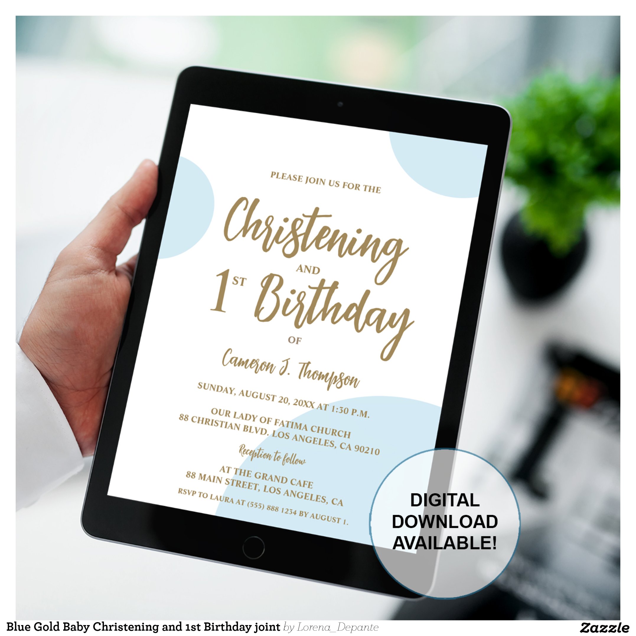 Blue Gold Baby Christening and 1st Birthday joint Invitation