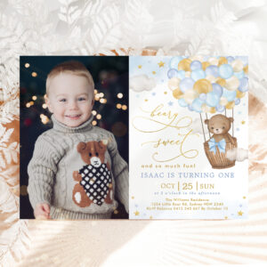 Blue Gold Bear Hot Air Balloon Boy 1st Birthday Invitation