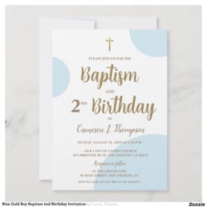 Blue Gold Boy Baptism 2nd Birthday Invitation