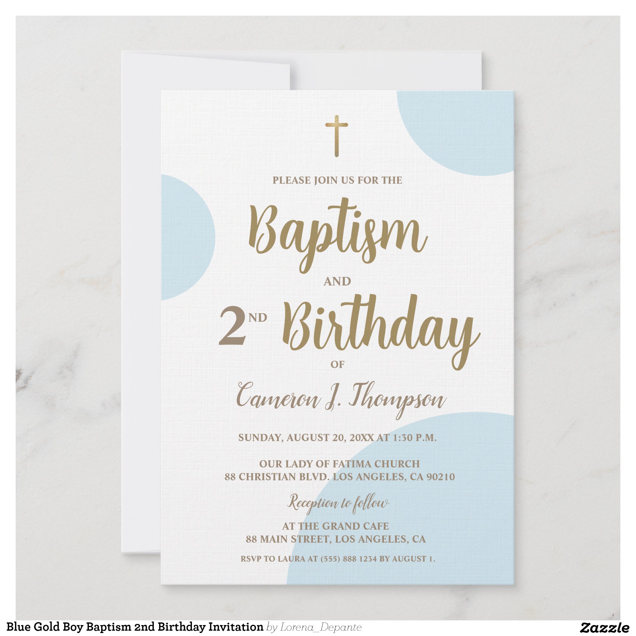 Blue Gold Boy Baptism 2nd Birthday Invitation