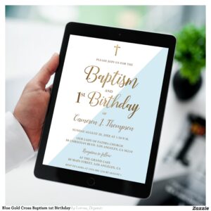 Blue Gold Cross Baptism 1st Birthday Invitation