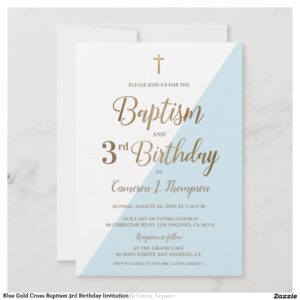 Blue Gold Cross Baptism 3rd Birthday Invitation