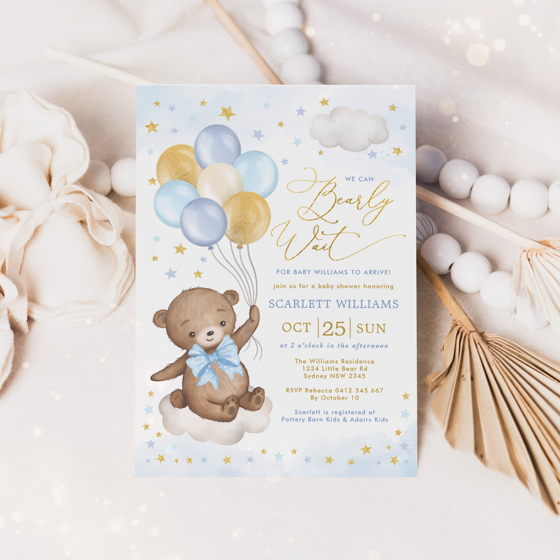 Blue Gold Teddy Bear Balloons Boy Baby Shower Invi Invitation