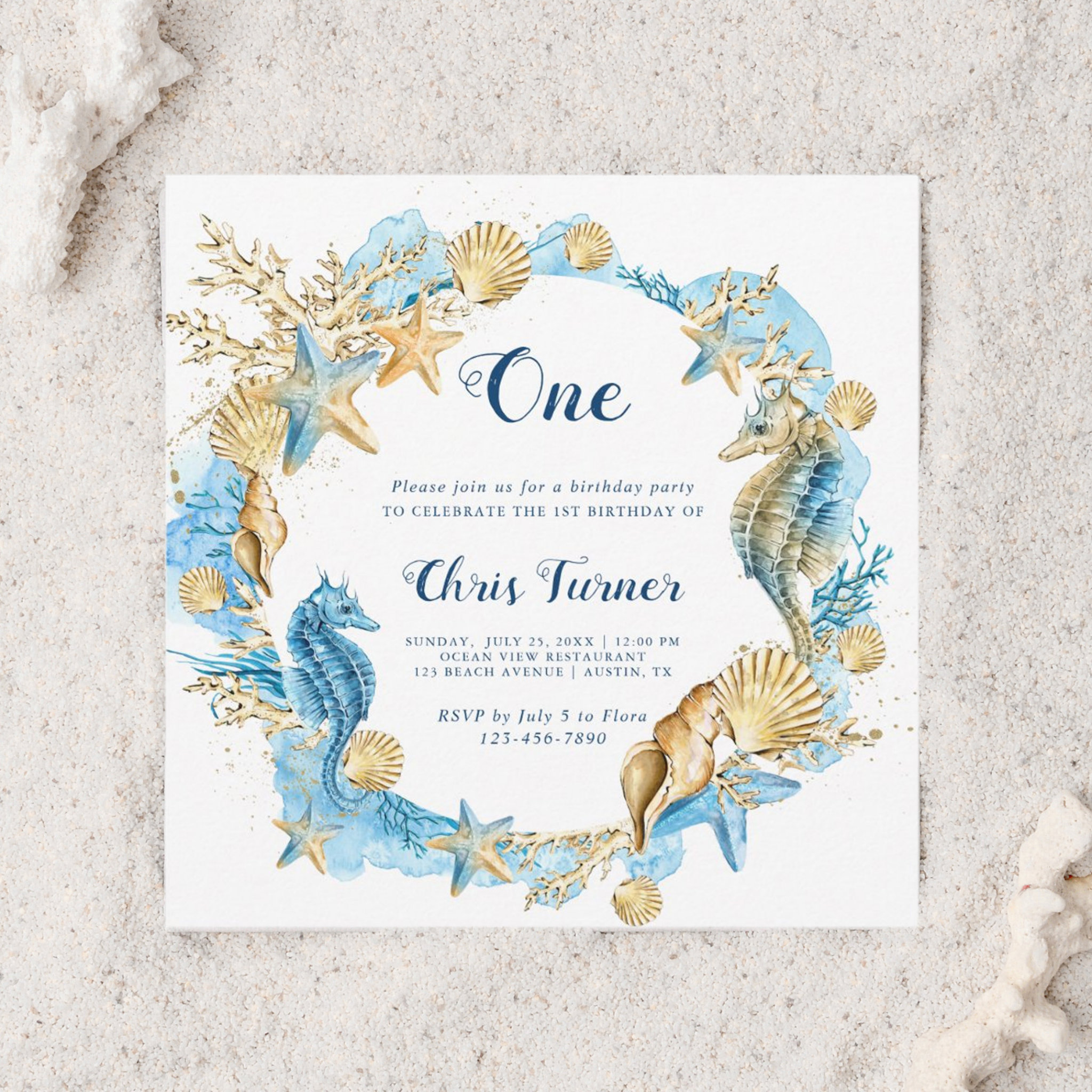 Blue & Gold Under the Sea Boy Birthday Square Invitation