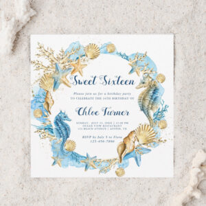 Blue & Gold Under the Sea Sweet Sixteen Birthday Invitation