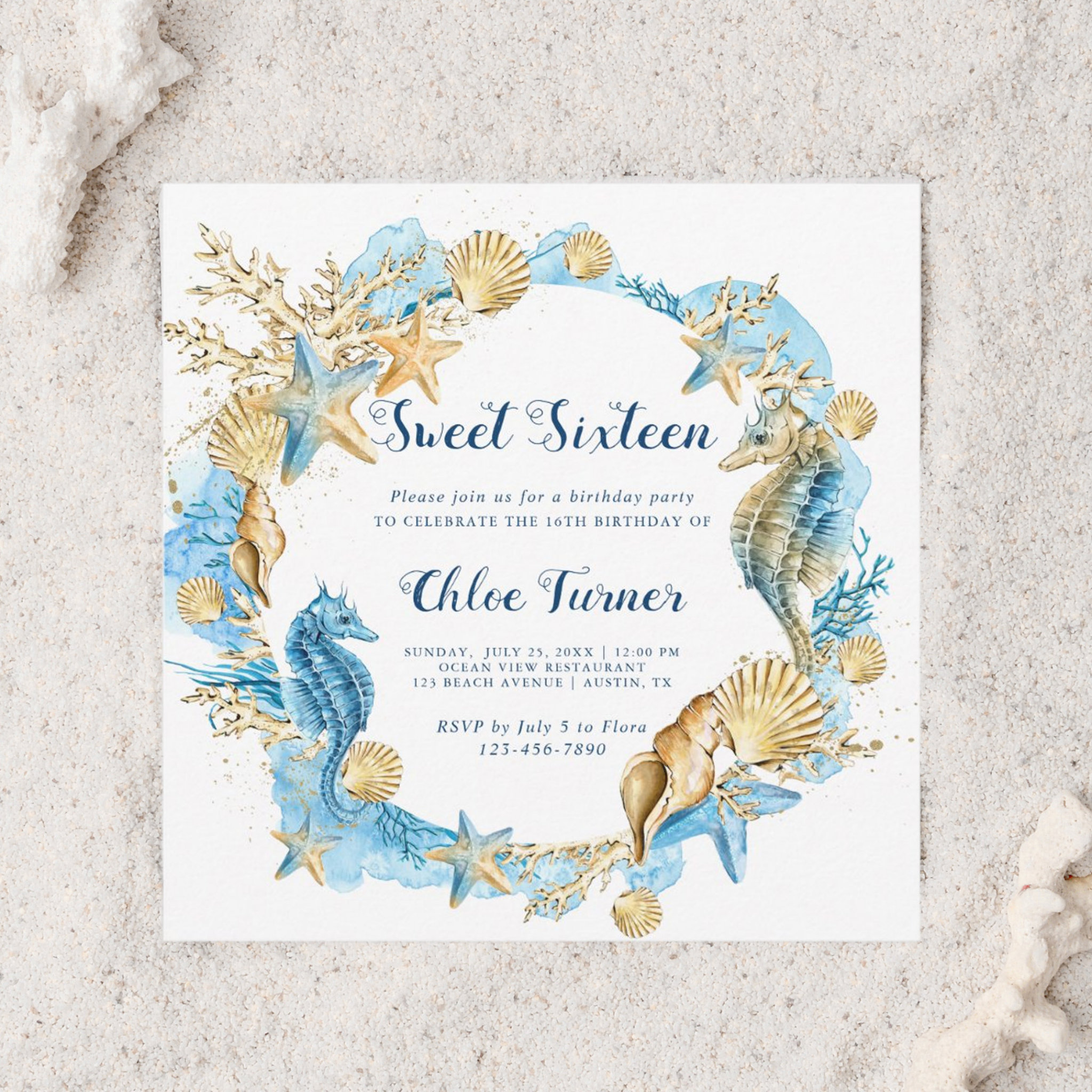 Blue & Gold Under the Sea Sweet Sixteen Birthday Invitation