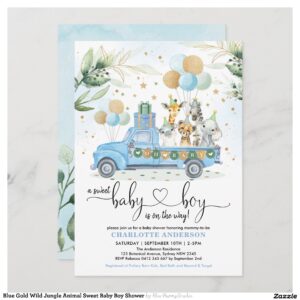 Blue Gold Wild Jungle Animal Sweet Baby Boy Shower Invitation