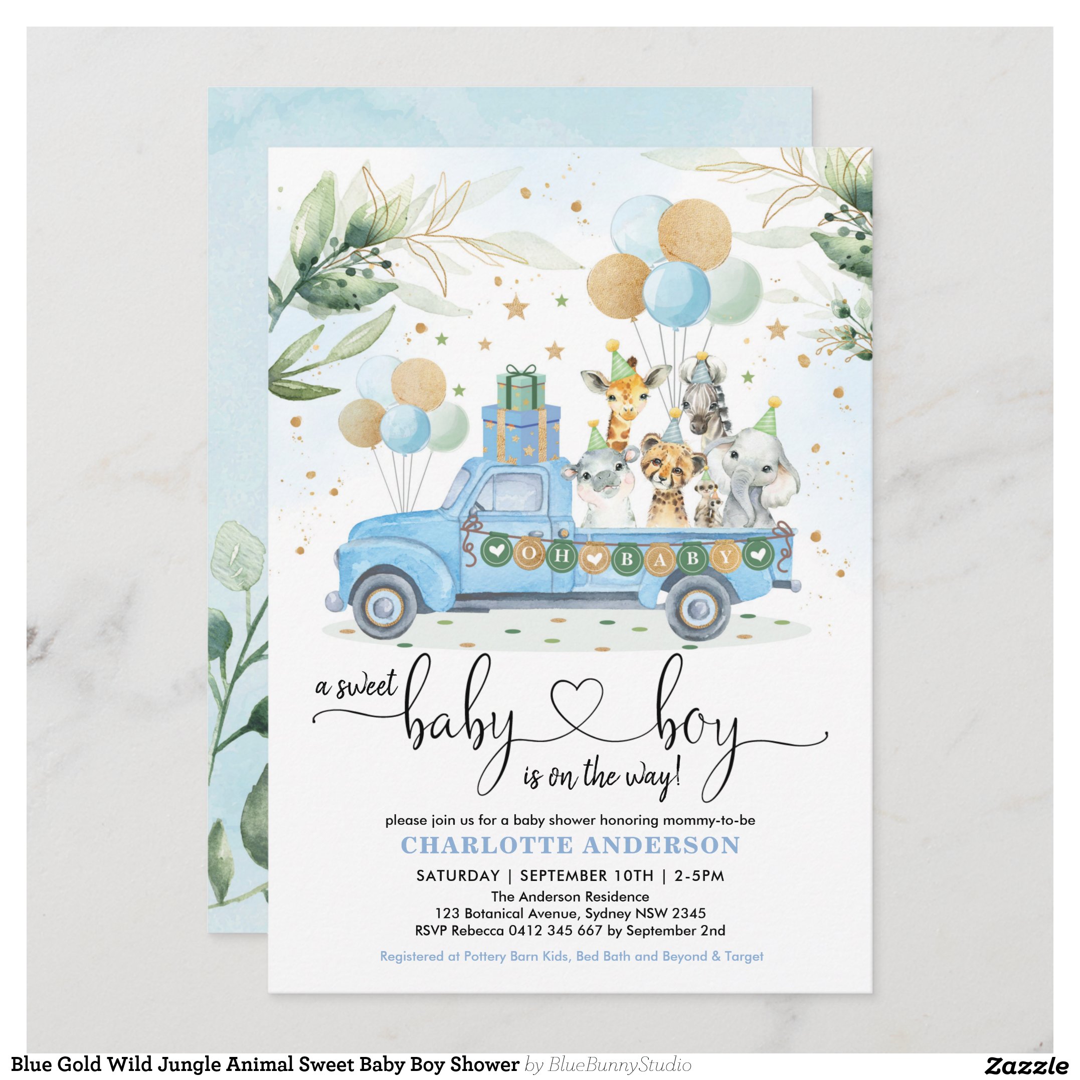 Blue Gold Wild Jungle Animal Sweet Baby Boy Shower Invitation