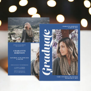 Blue graduate script 3 photo graduation invitation