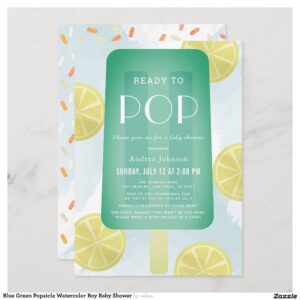 Blue Green Popsicle Watercolor Boy Baby Shower Invitation