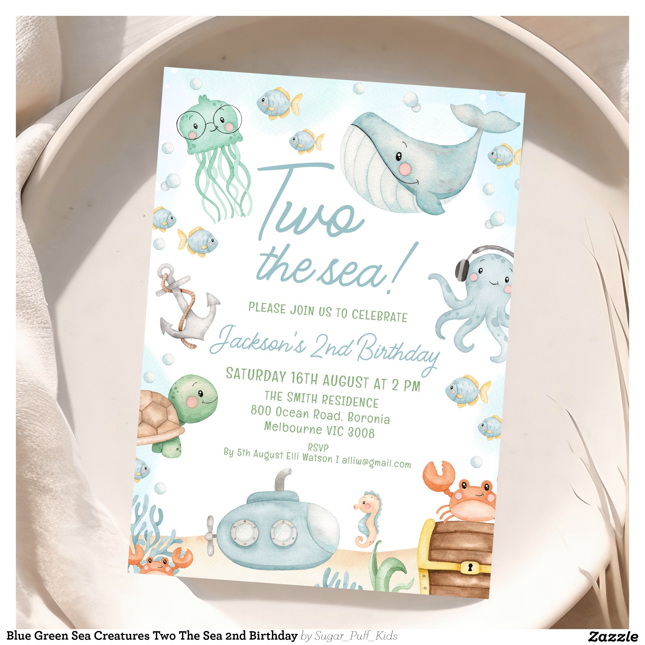 Blue Green Sea Creatures Two The Sea 2nd Birthday Invitation