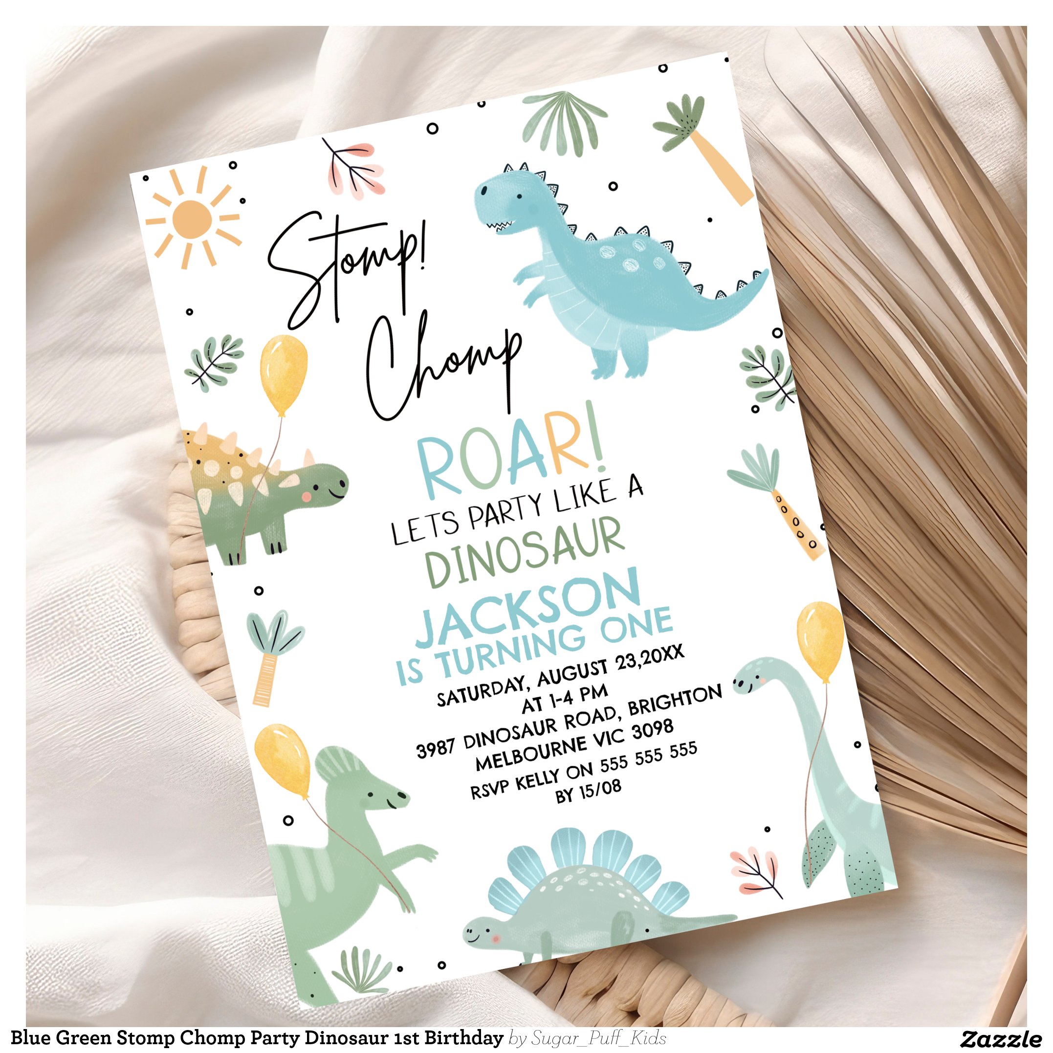 Blue Green Stomp Chomp Party Dinosaur 1st Birthday Invitation