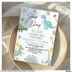 Blue Green Stomp Chomp Twins Dinosaur 1st Birthday Invitation
