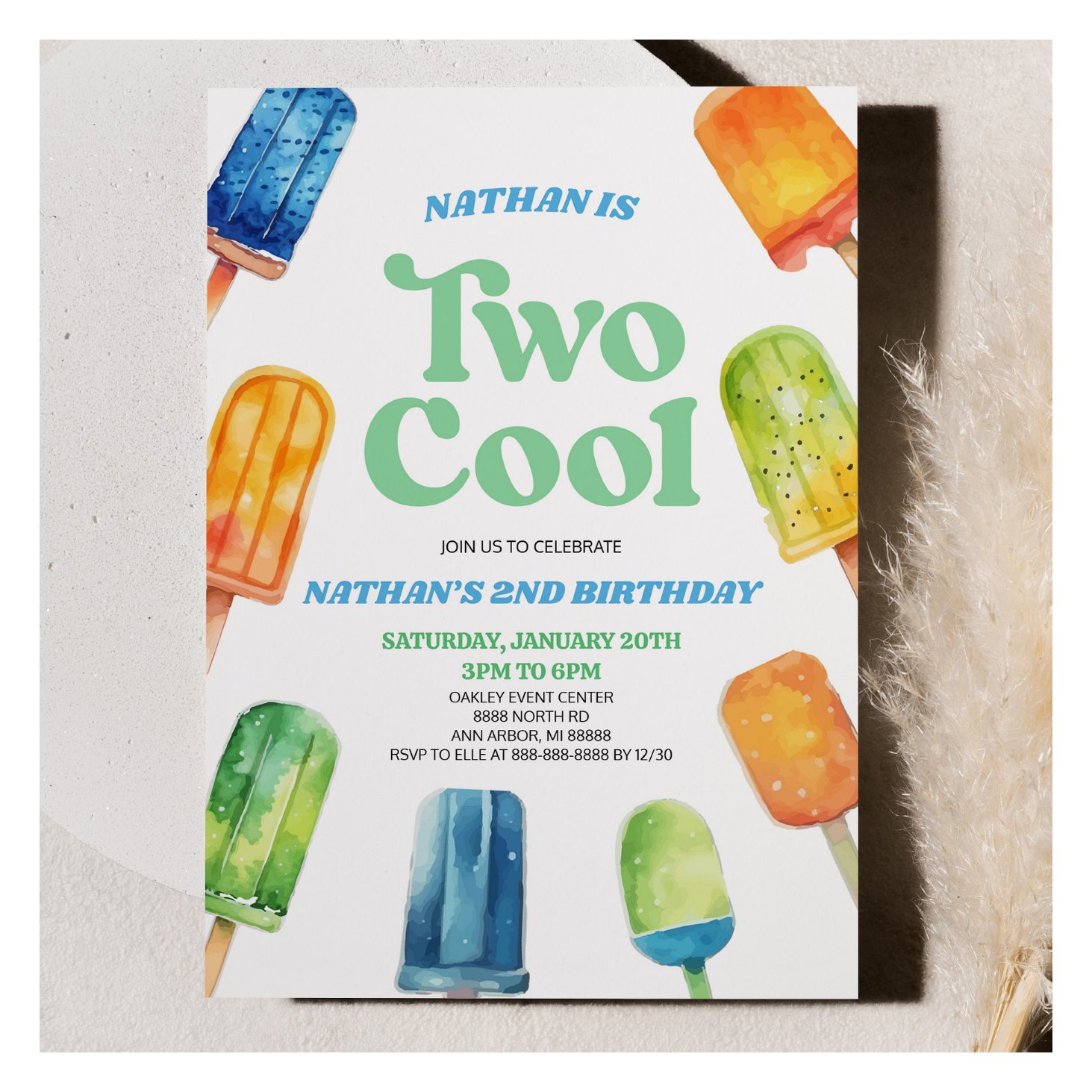 Blue Green Two Cool Popsicle 2nd Birthday Party Invitation