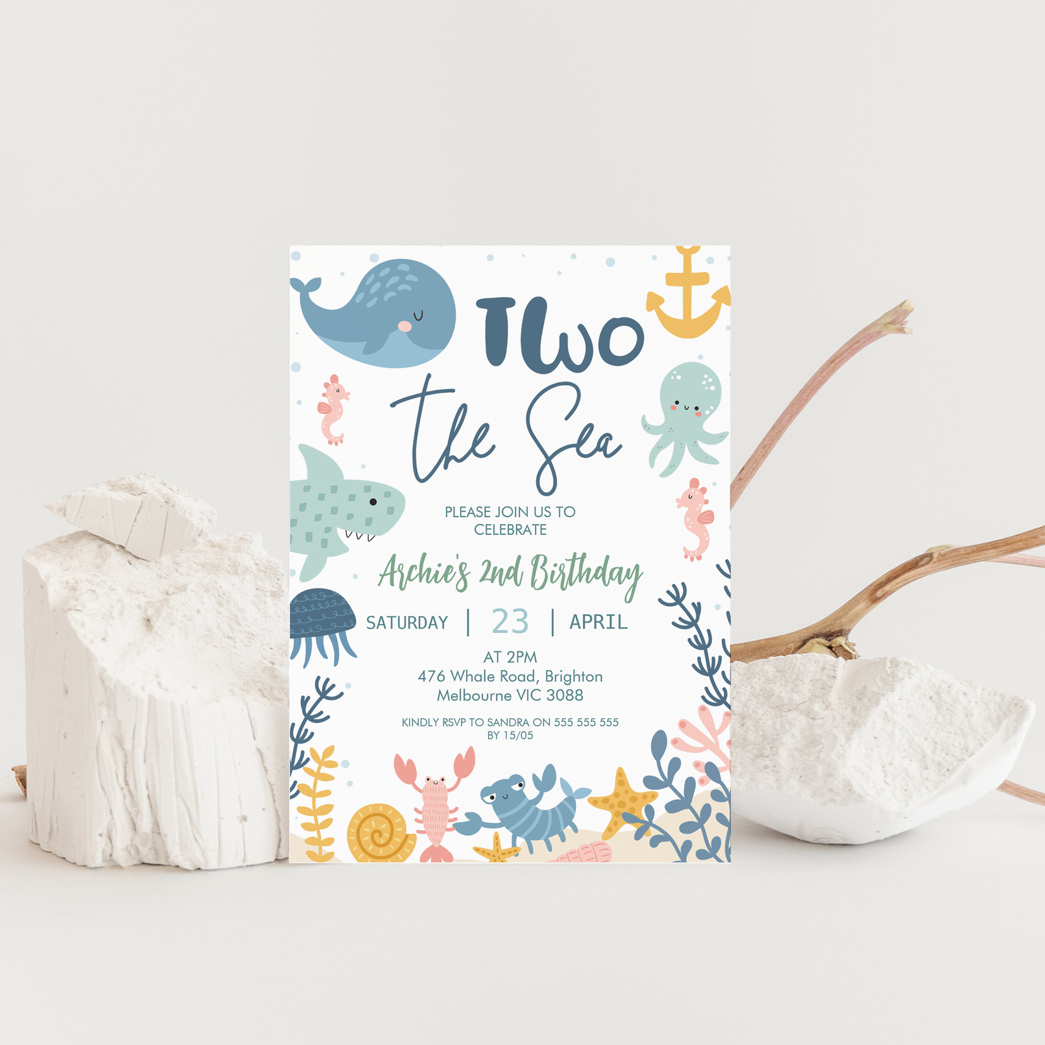 Blue Green Yellow Boys Two The Sea Birthday Invitation