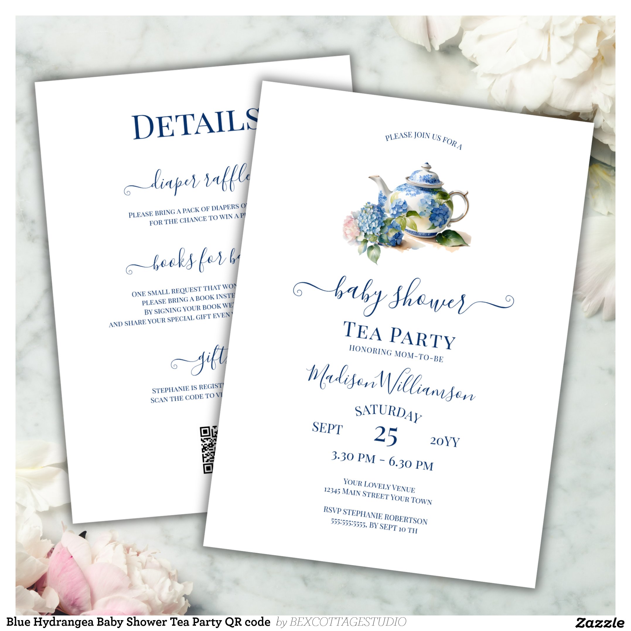 Blue Hydrangea Baby Shower Tea Party QR code Invitation