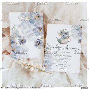 Blue Hydrangeas baby is brewing tea party shower Invitation