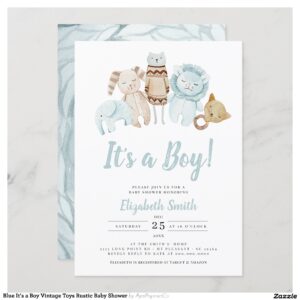 Blue It's a Boy Vintage Toys Rustic Baby Shower Invitation