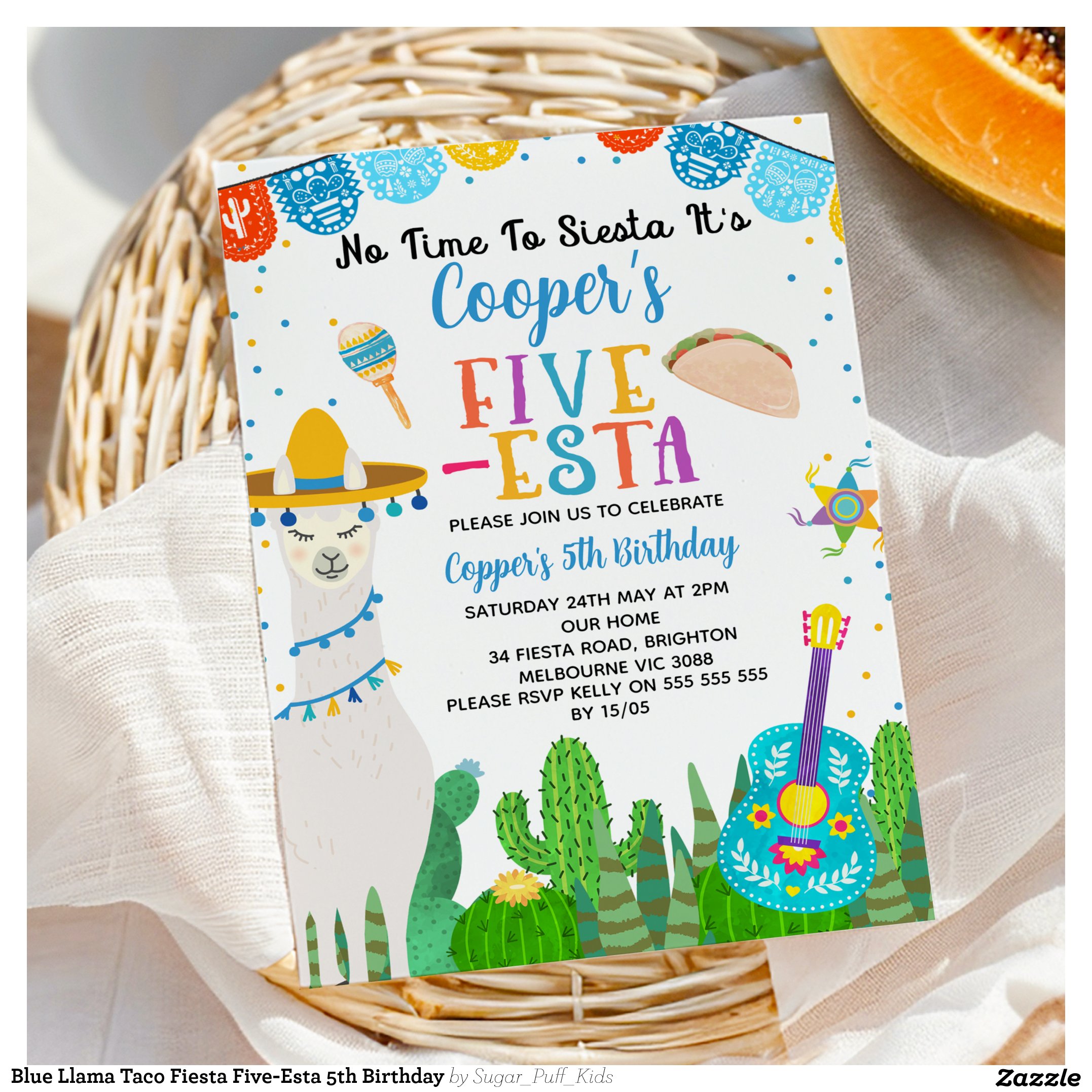 Blue Llama Taco Fiesta Five-Esta 5th Birthday Invitation