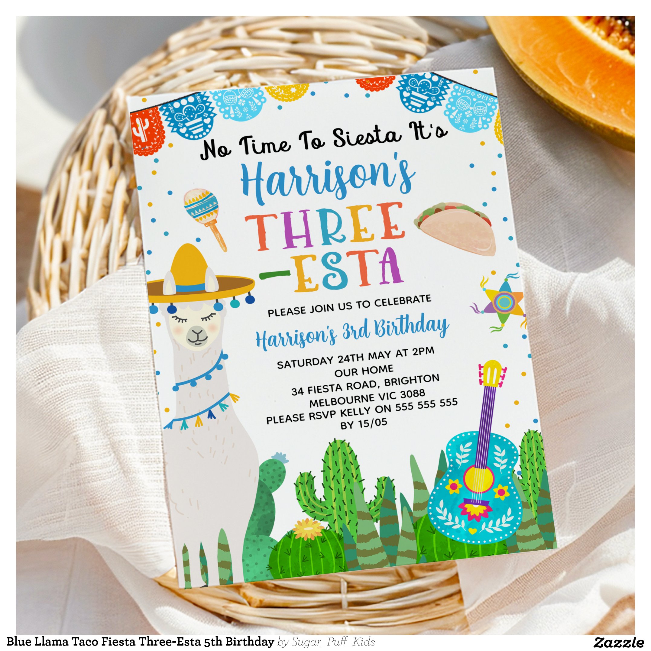 Blue Llama Taco Fiesta Three-Esta 5th Birthday Invitation
