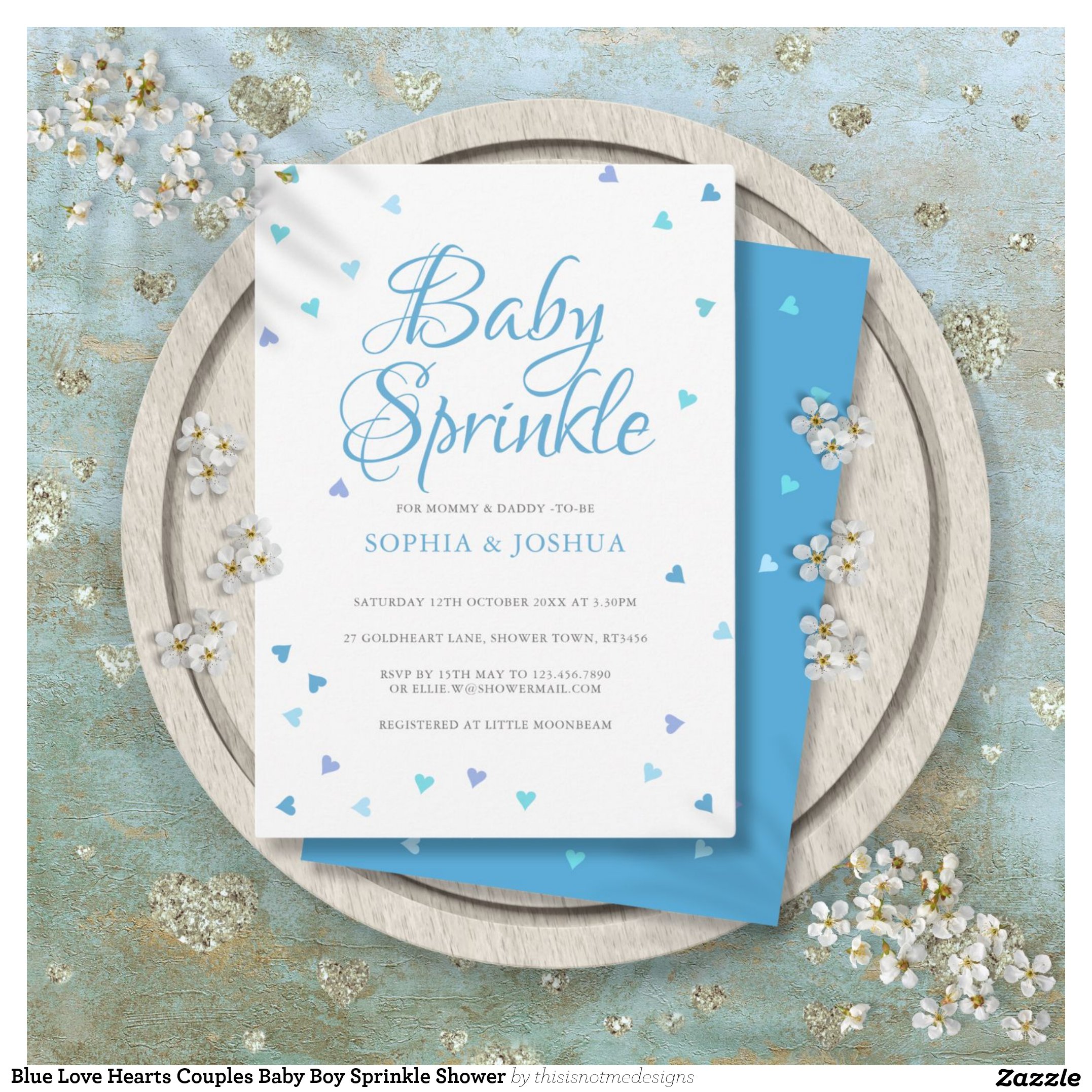 Blue Love Hearts Couples Baby Boy Sprinkle Shower Invitation