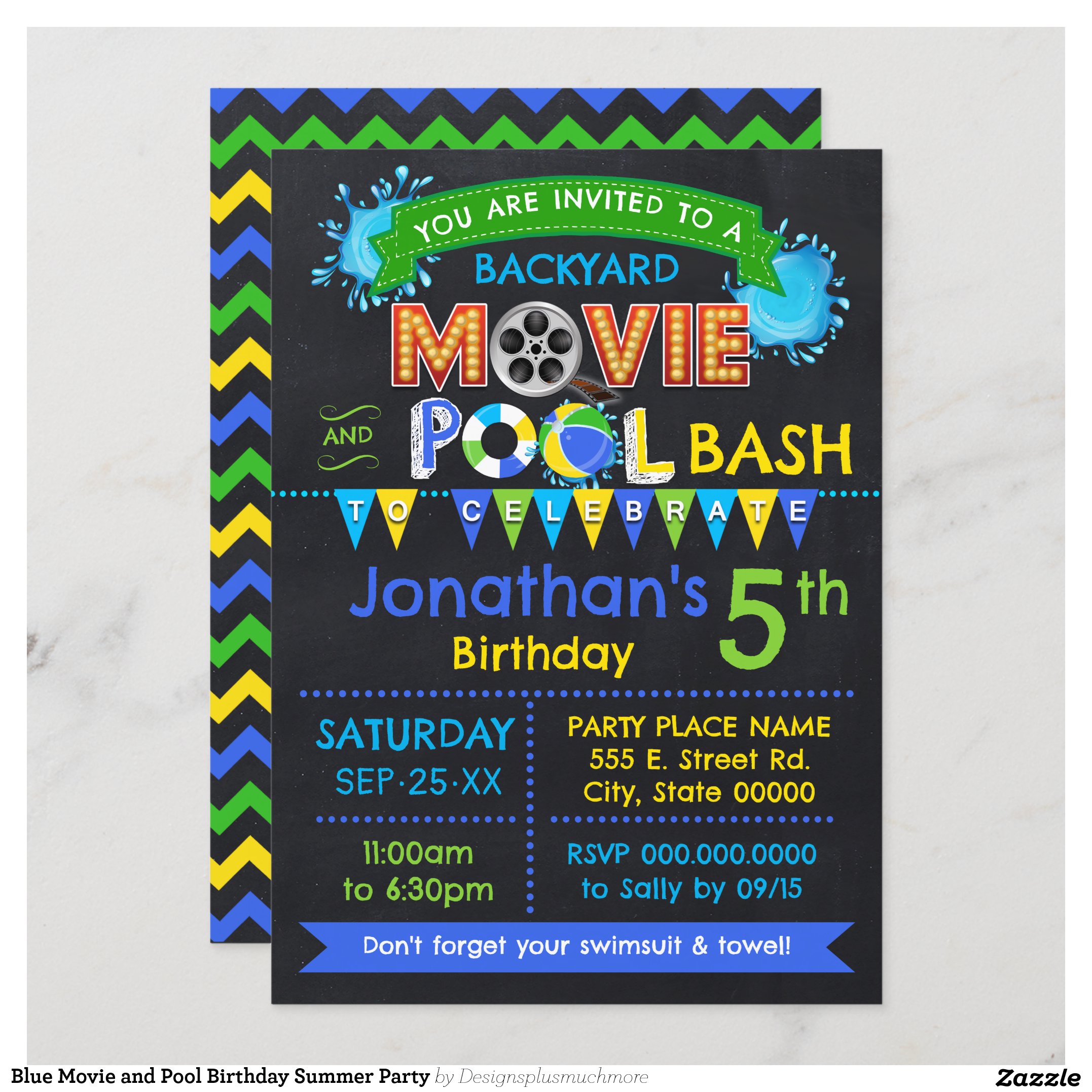 Blue Movie and Pool Birthday Summer Party Invitation