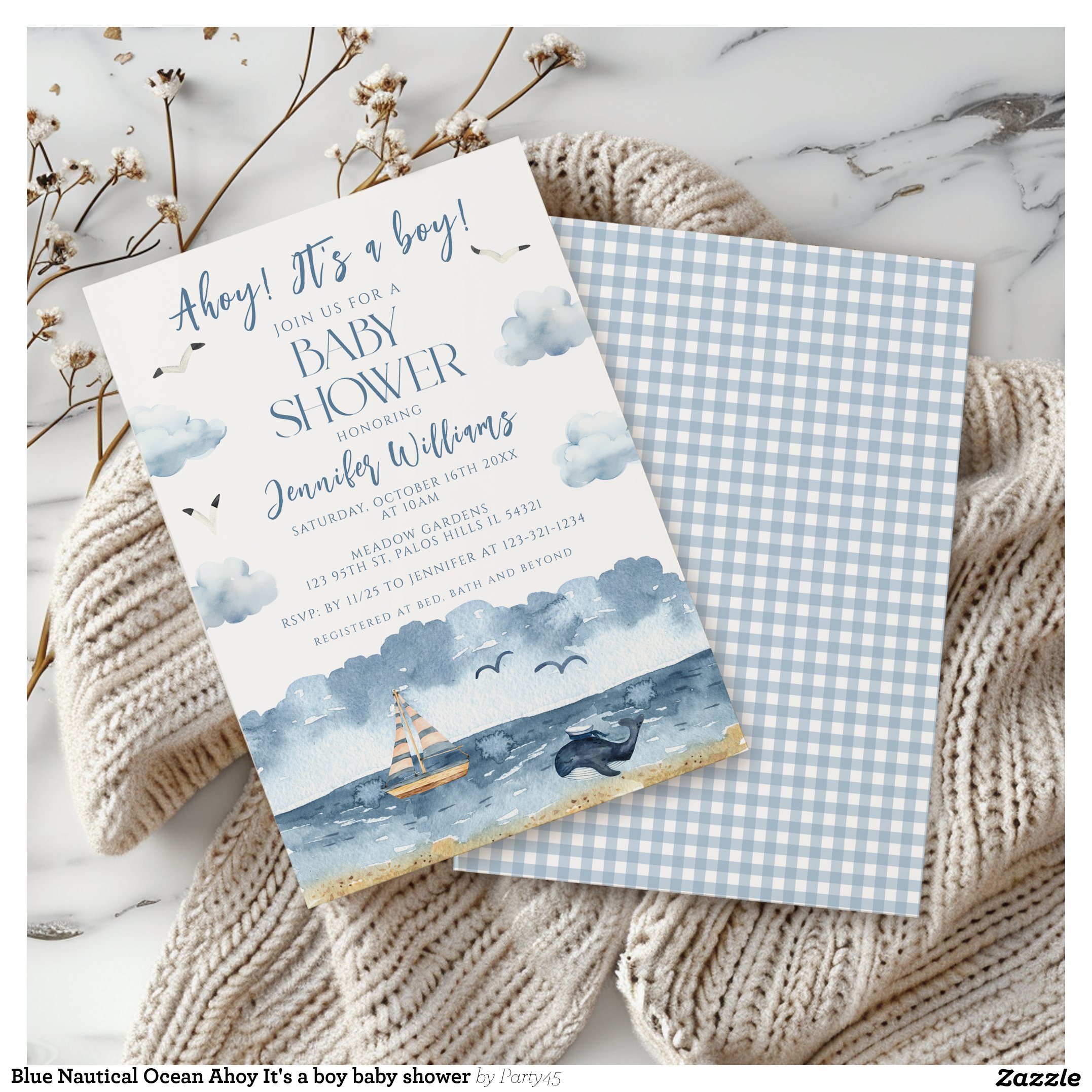 Blue Nautical Ocean Ahoy It's a boy baby shower Invitation