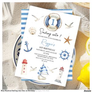 Blue Nautical Sailing into One 1st Birthday Invitation