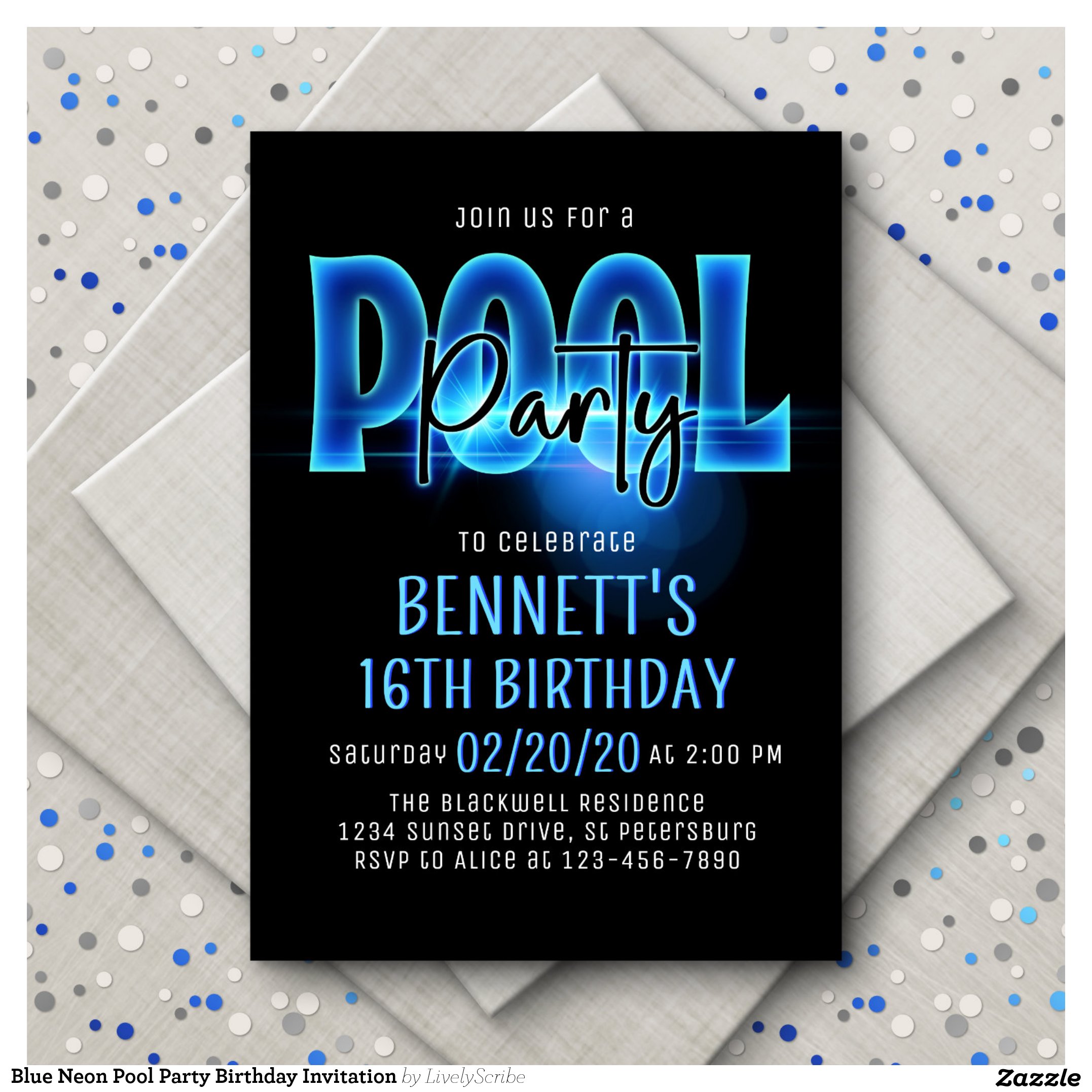 Blue Neon Pool Party Birthday Invitation
