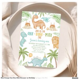 Blue Orange One Dino Mite Dinosaur 1st Birthday Invitation