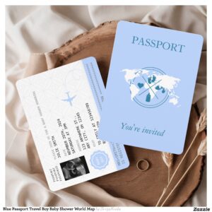 Blue Passport Travel Boy Baby Shower World Map Invitation