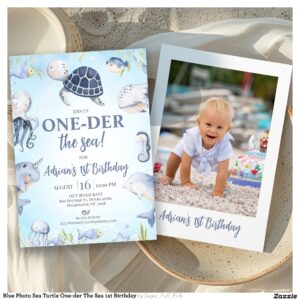 Blue Photo Sea Turtle One-der The Sea 1st Birthday Invitation