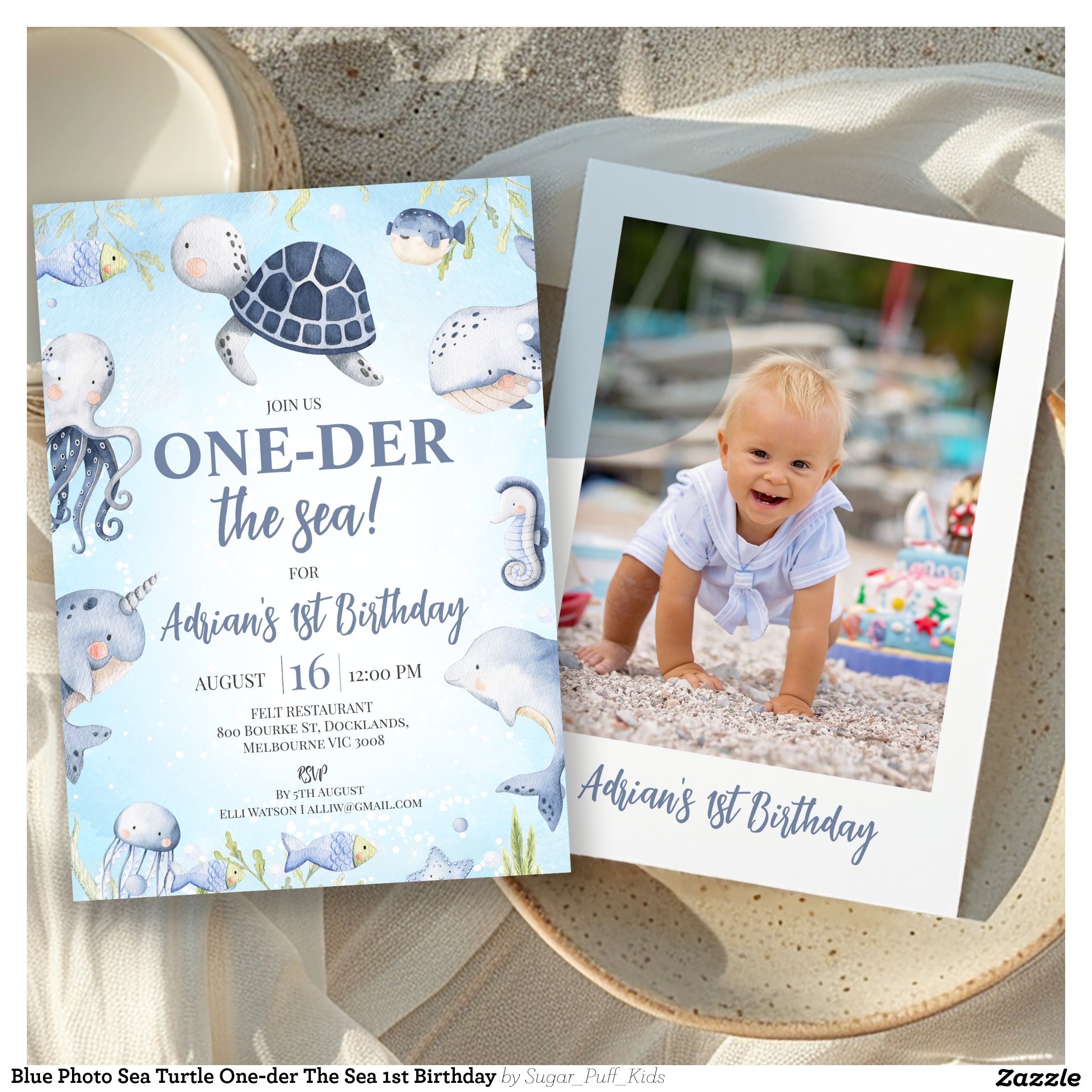 Blue Photo Sea Turtle One-der The Sea 1st Birthday Invitation