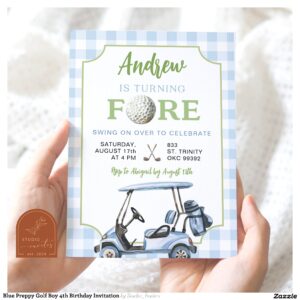 Blue Preppy Golf Boy 4th Birthday Invitation