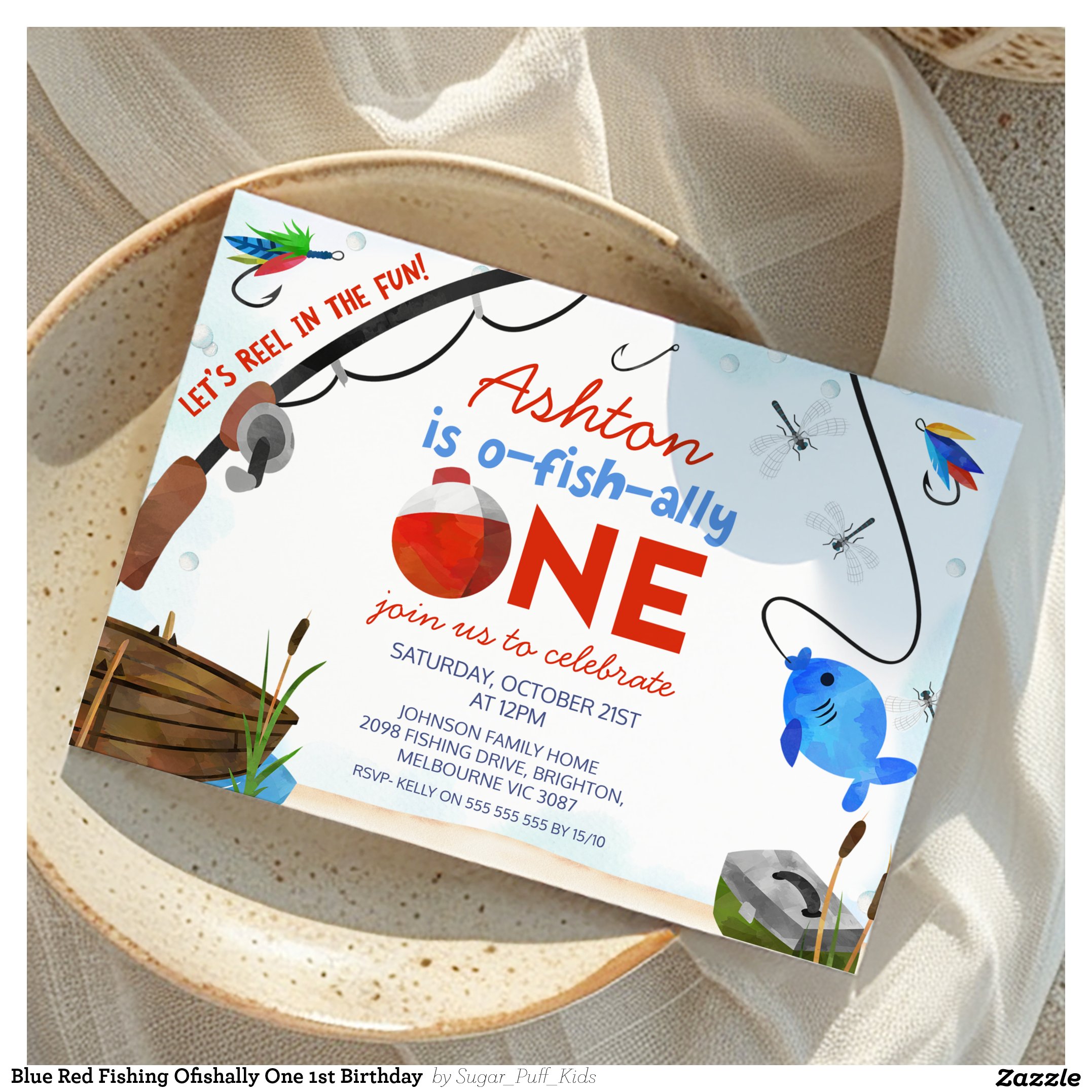 Blue Red Fishing Ofishally One 1st Birthday Invitation