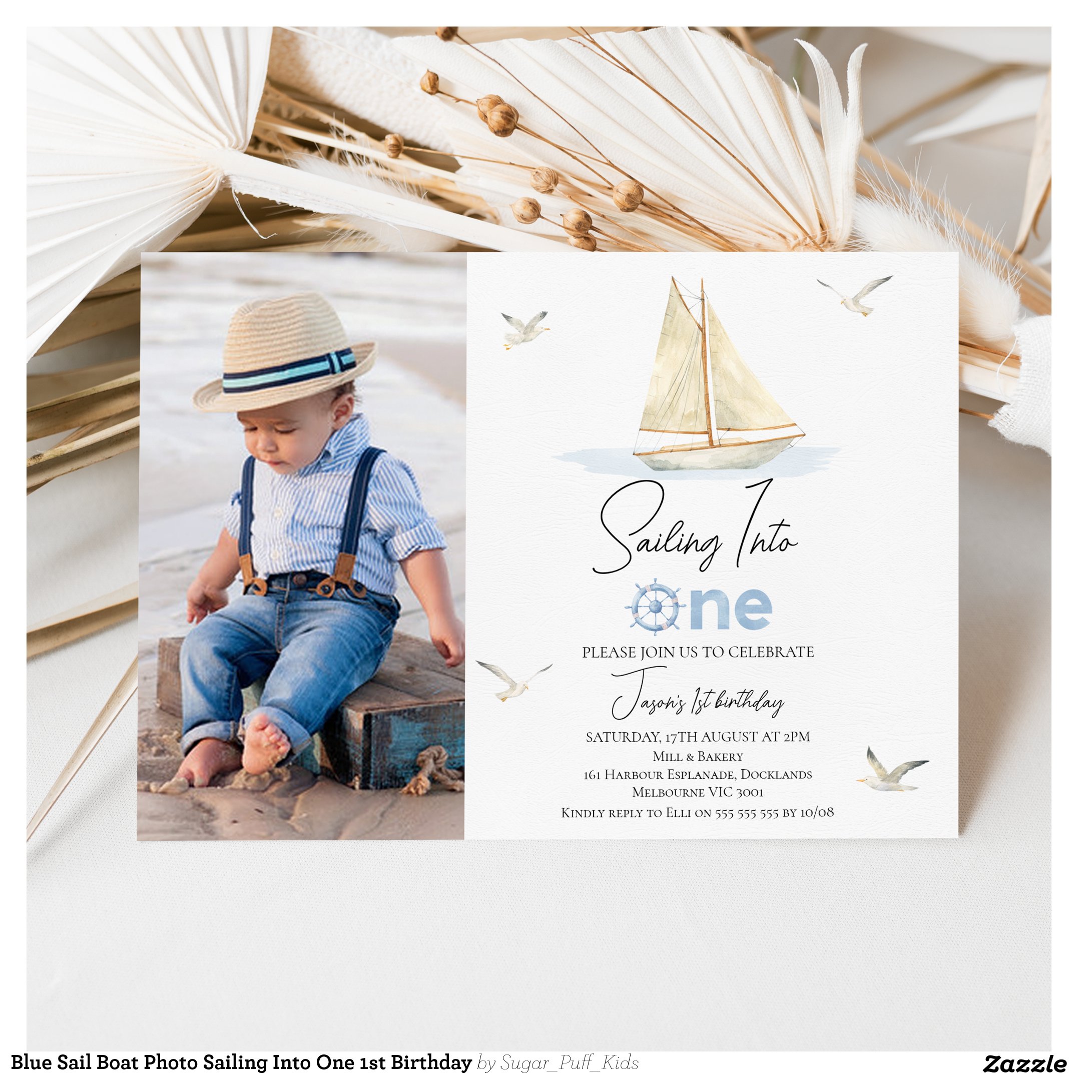 Blue Sail Boat Photo Sailing Into One 1st Birthday Invitation