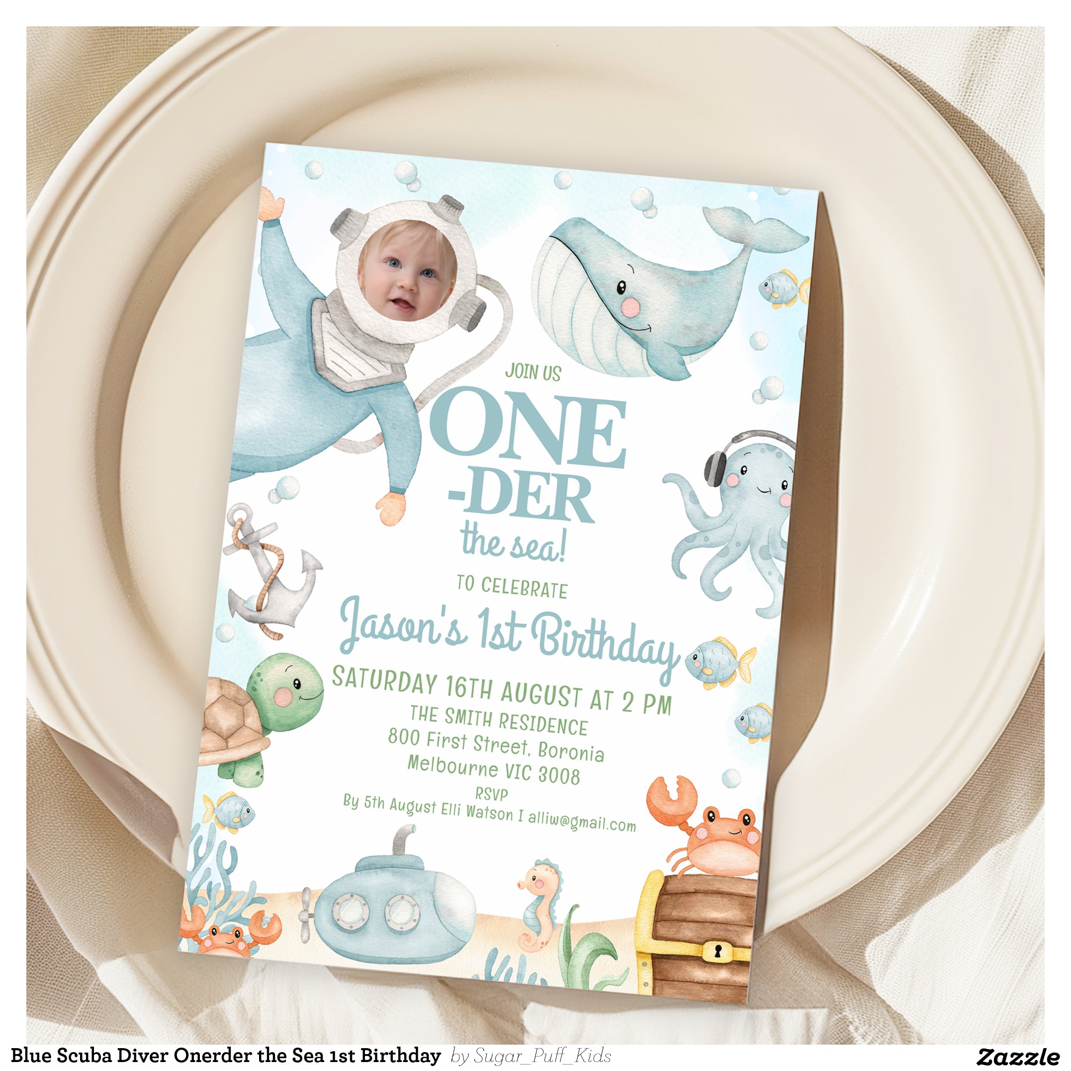 Blue Scuba Diver Onerder the Sea 1st Birthday Invitation