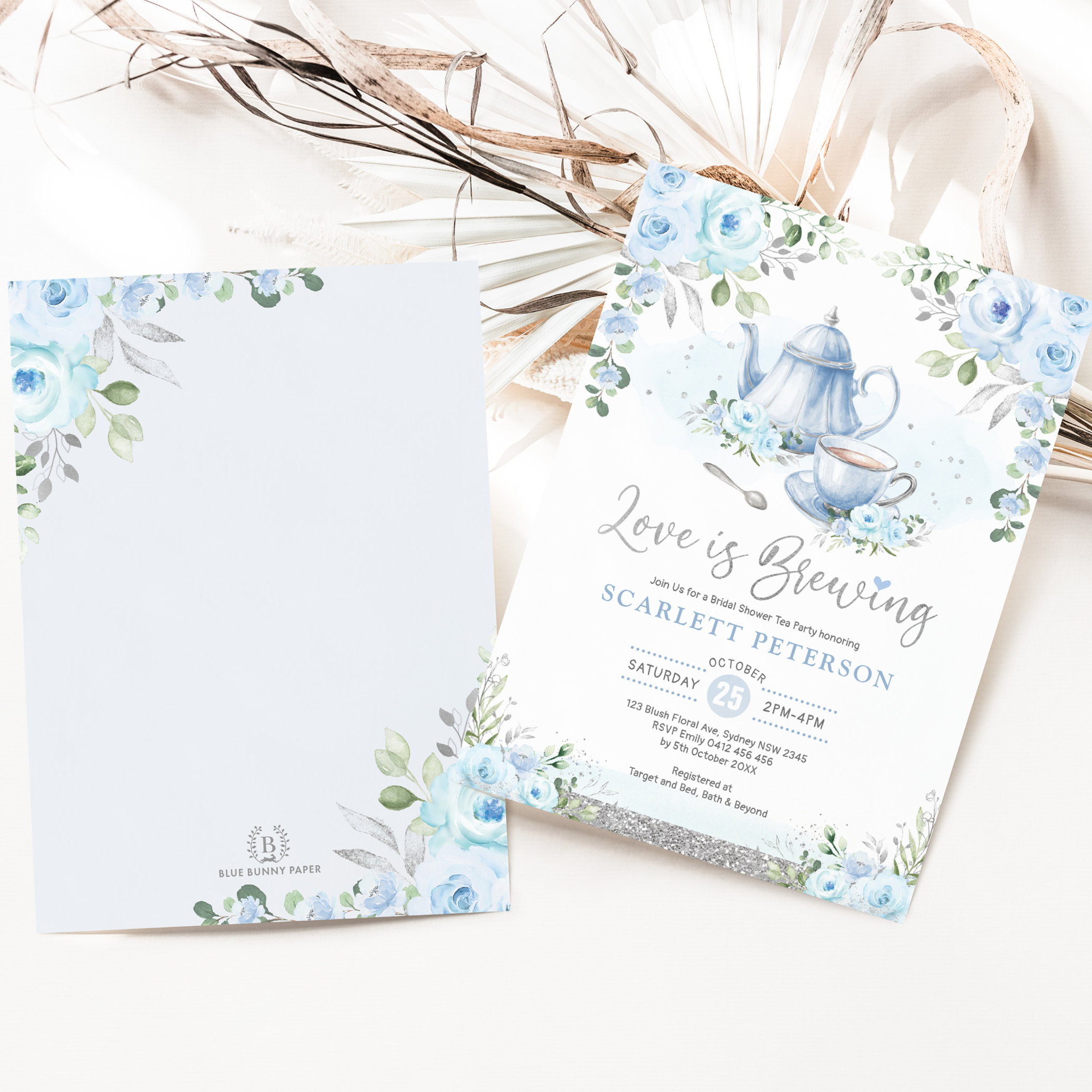 Blue Silver Love is Brewing Bridal Shower Tea Invitation
