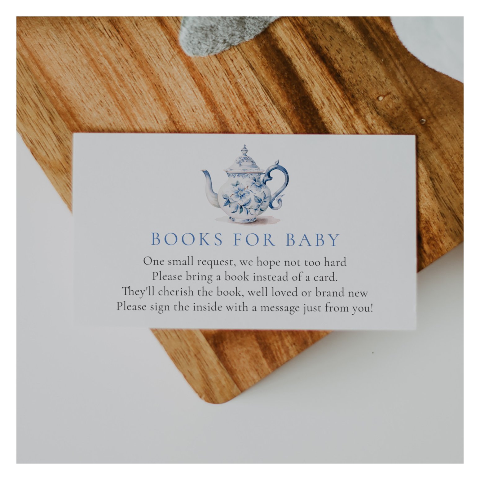 Blue Tea Party Baby Shower Book for Baby Enclosure Card