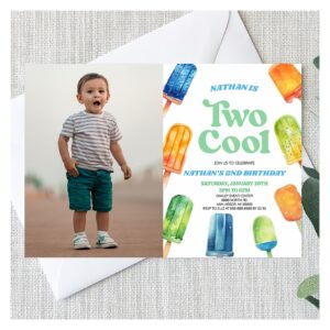 Blue Two Cool Popsicle Picture 2nd Birthday Party Invitation