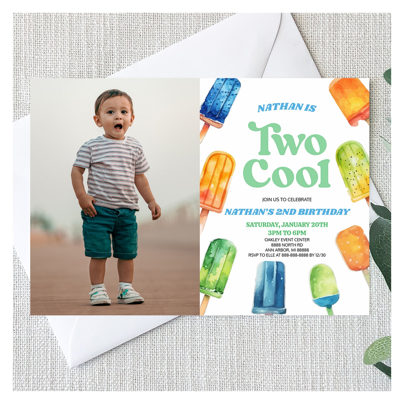 Blue Two Cool Popsicle Picture 2nd Birthday Party Invitation