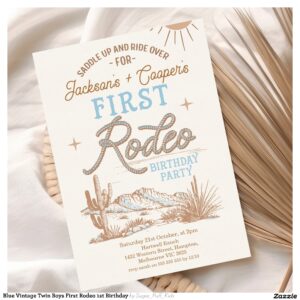 Blue Vintage Twin Boys First Rodeo 1st Birthday Invitation