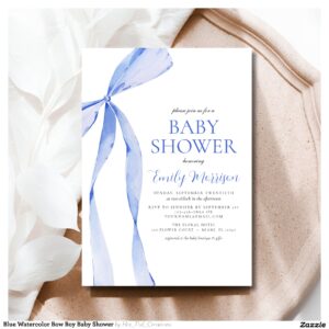 Blue Watercolor Bow Boy Baby Shower Invitation