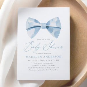 Blue Watercolor Bowtie Boy Baby Shower Invitation
