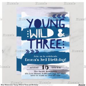 Blue Watercolor Young Wild & Three 3rd Birthday Invitation