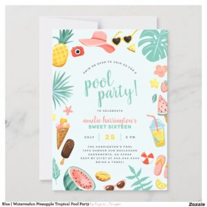 Blue Watermelon Pineapple Tropical Pool Party Magnetic Invitation